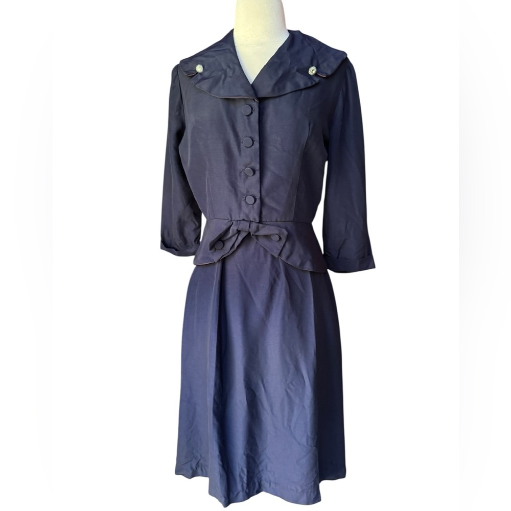 1950s Kerrybrooke Sears Roebuck Navy‎ Blue Rounded Collar 3/4 Sleeve Skirt Set
